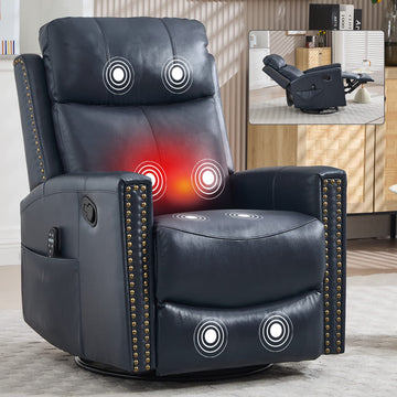 Genuine Leather Heat Massage Manual Recliner Chair with Rocker and Swivel for Living Room