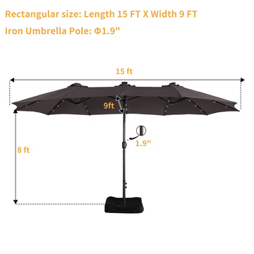 15ft patio umbrella with base included and led lights, outdoor market extra large umbrella, outdoor patio table umbrella, pool umbrella for deck, pool, garden, lawn,Coffee