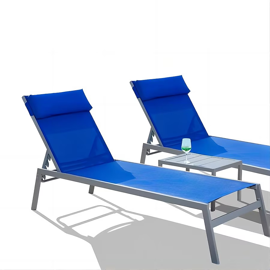 Patio Chaise Lounge Set of 3 -Piece Woven Patio Conversation Set with Blue