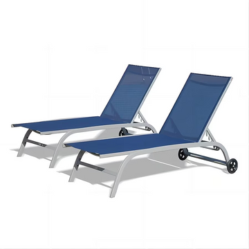 Chaise Lounge Outdoor Set of 2,Woven Stackable Gray Aluminum Frame Stationary Chaise Lounge Chair with Blue Woven Seat
