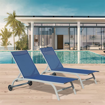 Chaise Lounge Outdoor Set of 2,Woven Stackable Gray Aluminum Frame Stationary Chaise Lounge Chair with Blue Woven Seat