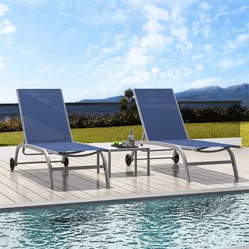 Chaise Lounge Outdoor Set of 3 -Piece Woven Patio Conversation Set with Blue