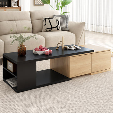 47.2''-57''W Extendable Coffee Table with 2 Storage Drawers, Dual-tone Wood Center Table with Extendable Sliding Tabletop, Multi-functional Hidden Storage Sofa Table for Living Room, Black/White