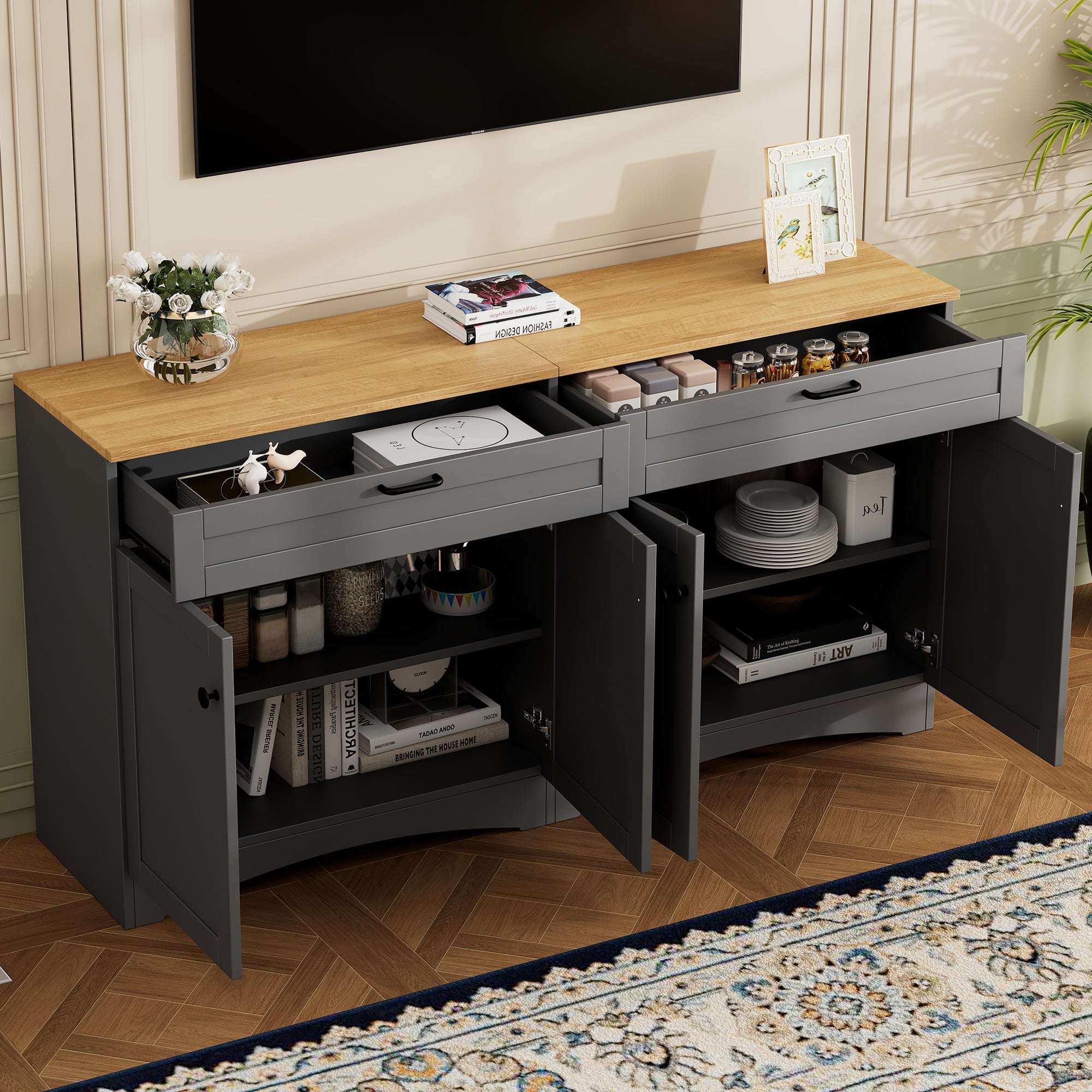 Farmhouse TV Stand with 2 Drawers for TVs Up to 70", Versatile Wood Grain Sideboard with Adjustable Shelves, Mid-Century Buffet Cabinet with Rustic Handles for Living Room/Bedroom, Grey/Black/White