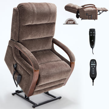 Power Brown/Blue/Gray Chenille Lift Recliner Chair Dual Motor Infinite Position Up to 350 LBS with Solid Wood Armrests, Heat Massage and Heavy Duty Motion Mechanism