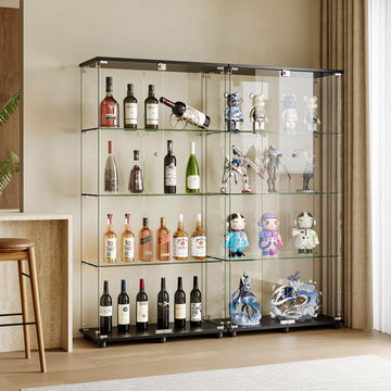 Glass Display Cabinet with 4-Shelf Double Doors and Lock, Curio Cabinet 5mm Tempered Glass Floor Standing Bookshelf for Living Room, Bedroom, Office, 64 x 31.7 x 14.3 in, Black