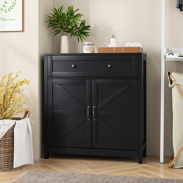 Farmhouse Storage Cabinet with Drawer and Adjustable Shelf, White/Black Kitchen Cabinet with Walnut Countertop, Modern Coffee Bar Console Cabinet for Kitchen, Dining Room, Bathroom, Entryway