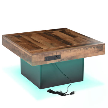 31.4'' x 31.4'' Farmhouse Coffee Table with 2 USB Ports and Outlets, Brown Spliced Wood Grain Center Table with LED Light, Rustic Cocktail Table with Charging Station for Living Room, Black/White