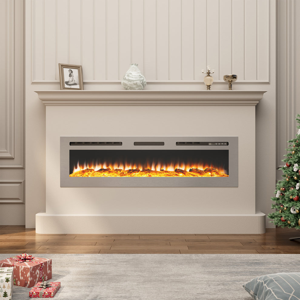 60 in. Wall Mounted and Recessed Electric Fireplace Insert with Stainl
