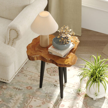 Irregular Solid Teak Wood End Table with Mahogany Tapered Legs