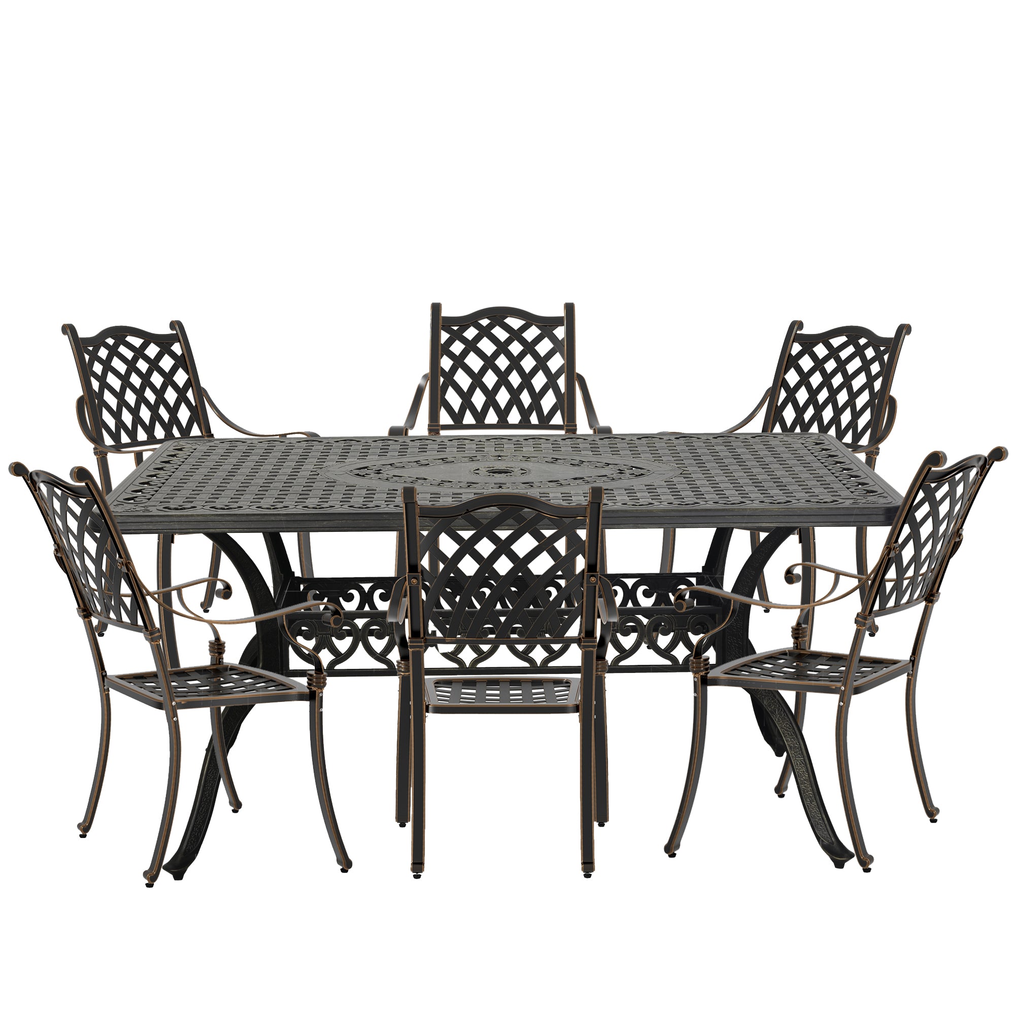 Cast Aluminium Patio-Set 7-Piece Bronze Patio Dining Set Aluminum Rectangle Table with 6 Stationary Chairs,Suitable for backyard, terrace, balcony and garden, 6 stools + 1 table