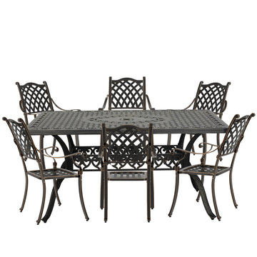 Cast Aluminium Patio-Set 7-Piece Bronze Patio Dining Set Aluminum Rectangle Table with 6 Stationary Chairs,Suitable for backyard, terrace, balcony and garden, 6 stools + 1 table