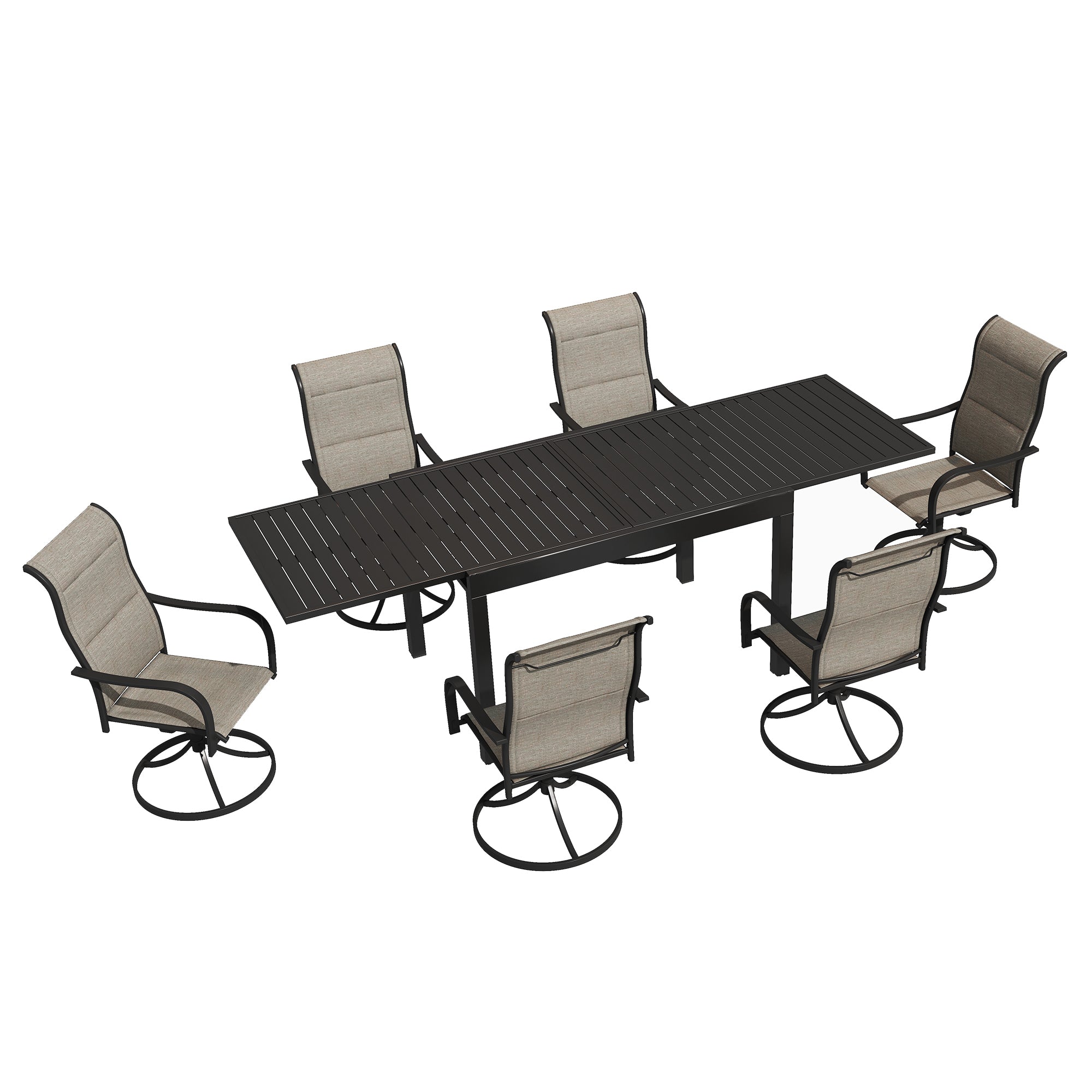 Brown 7-Piece Metal Outdoor Patio Dining Set with Extendable Dining Table and Textilene Swivel Chairs