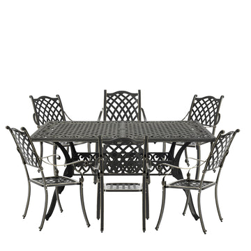 Cast Aluminium Patio-Set 7-Piece Bronze Patio Dining Set Aluminum Rectangle Table with 6 Stationary Chairs