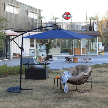 10ft Solar LED Offset Hanging Umbrella Market Patio Umbrella, Navy Blue, No Base