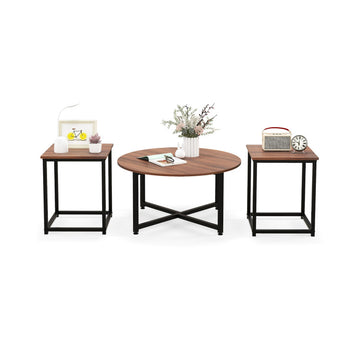 3-Piece Coffee Table Set Round Coffee Table and 2PCS Square End Tables