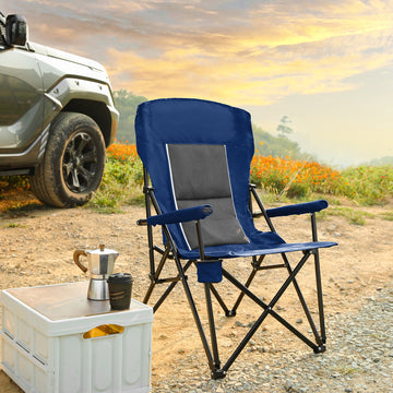 High Back Heavy Duty Lawn Chair Support 250LBS, Portable Collapsible Chair with Cup Holder -Navy blue