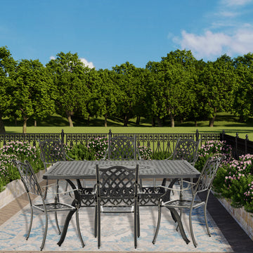 Cast Aluminium Patio-Set 7-Piece Bronze Patio Dining Set Aluminum Rectangle Table with 6 Stationary Chairs,Suitable for backyard, terrace, balcony and garden, 6 stools + 1 table