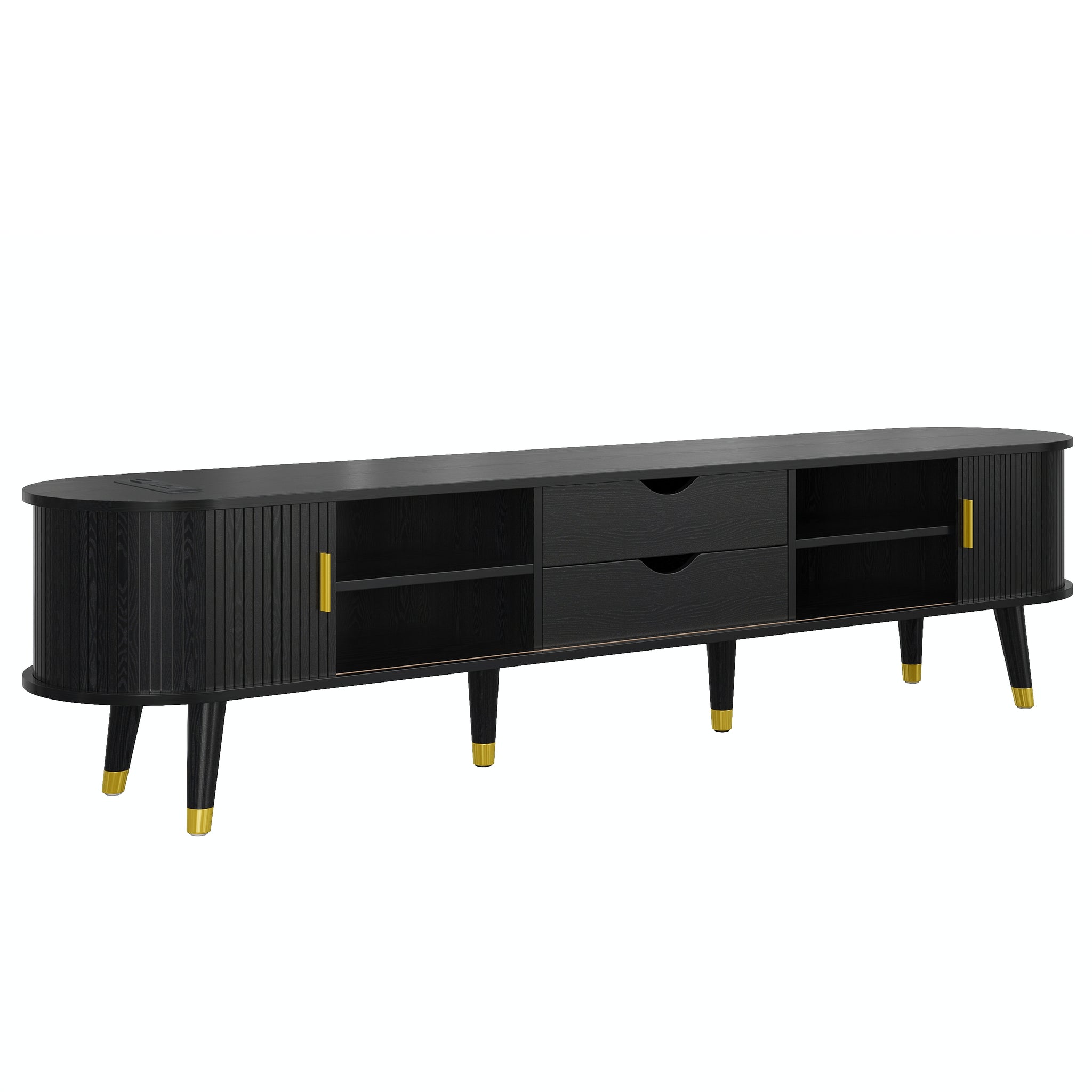 Wooden Farmhouse TV Stand & Coffee Table Set with Charging Station, Oval Fluted Media Console with Sliding Doors for TVs up to 80", Mid-Century Center Table with Solid Wood Legs for Living Room,Black