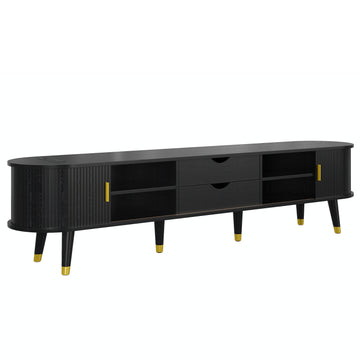 Wooden Farmhouse TV Stand & Coffee Table Set with Charging Station, Oval Fluted Media Console with Sliding Doors for TVs up to 80