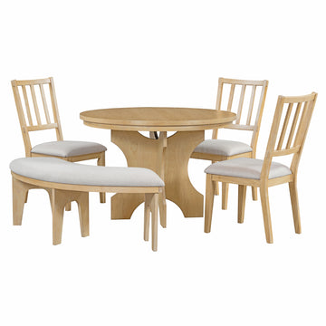5-piece Rustic Charm Round Dining Set with 3 Upholstered Chairs and Curved Bench for Dining Room, Kitchen and Living room (Natural)