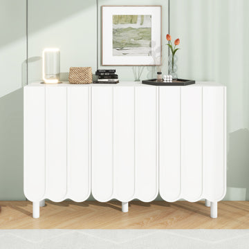 Cream Style Minimalist Shoe Cabinet with 5 Solid Wood Legs, Sideboard Buffet Cabinet with Adjustable Shelves, Large Storage Cabinet with Wave Doors for Living Room, White/Black