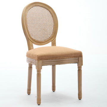 French Style Solid Wood Frame Antique Painting Linen Fabric Rattan Back Dining Chair,Set of 2
