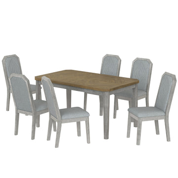 7-Piece Farmhouse Dining Set Classic Rustic Table and 6 high-back design Chairs for Dining Room, Kitchen (Brown+Gray)