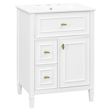24" Bathroom Vanity with Sink, Bathroom Vanity Cabinet with One Flip Drawer and Two Drawers, Adjustable Shelf, Solid Wood and MDF, White