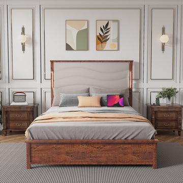 Queen Size Bed Frame with Upholstered Headboard, Queen Bed Frame with Charging Station and LED Lights, Wood Slats, Beige Linen, No Box Spring Needed, Easy Assembly