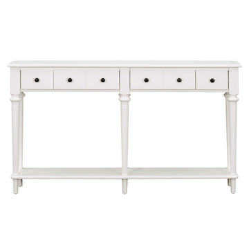 Clihome Entryway Table with 4 Drawers, Retro Console Table with Open Shelf for Entryways, Living Rooms, and Hallways (White)