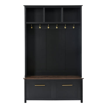Clihome Versatile 4-in-1 Hall Tree with 6 Golden Hooks, Brown Wood Grain Bench with Multiple Storage Space, Entryway Coat Rack with 2 Drawers for Living Room, Hallway, Black, 47.2''W*76.6''H