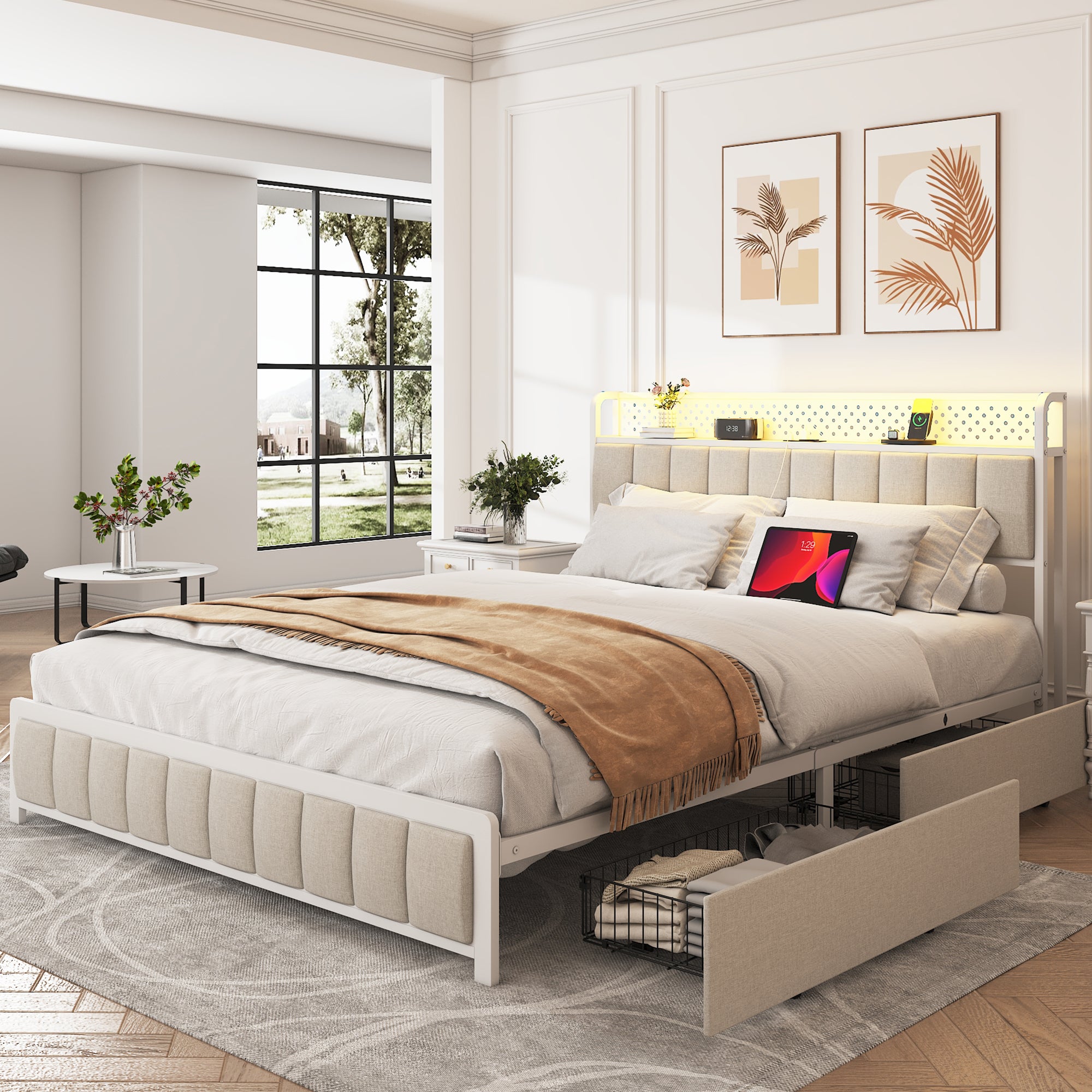 Queen Size Platform Bed with 4 Drawers, Metal Bed Frame with LED Lights and Charging Station, No Box Spring Needed, (Beige), Noise Free,Easy Assemble.