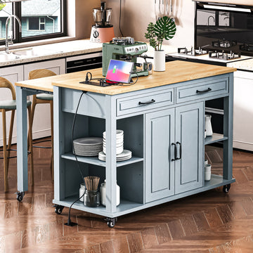 Kitchen Island with Extendable Table, 47.2"¡Á19.7" Mobile Kitchen Island Cart, Grey Blue