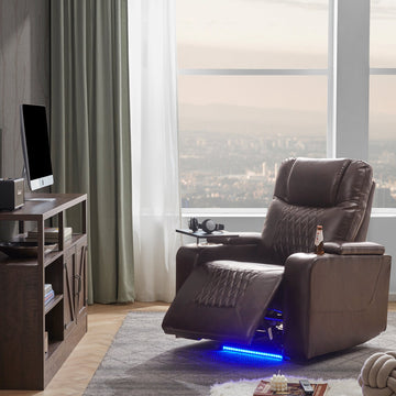 Power Motion Recliner with USB Charging Port and Hidden Arm Storage 2 Convenient Cup Holders Design and 360¡ã Swivel Tray Table,Brown