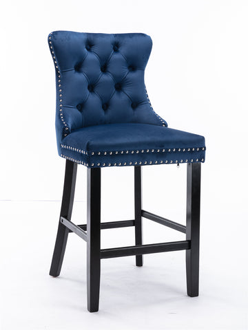 Contemporary Velvet Upholstered Barstools with Button Tufted Decoration and Wooden Legs, and Chrome Nailhead Trim, Leisure Style Bar Chairs,Bar stools, Set of 2 (Blue/Gray/Black/Light Blue/Gold/Beige/Orange)