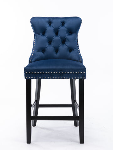 Contemporary Velvet Upholstered Barstools with Button Tufted Decoration and Wooden Legs, and Chrome Nailhead Trim, Leisure Style Bar Chairs,Bar stools, Set of 2 (Blue/Gray/Black/Light Blue/Gold/Beige/Orange)