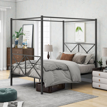 Metal Canopy Bed Frame, Platform Bed Frame with X Shaped Frame Full/Twin/Queen Black