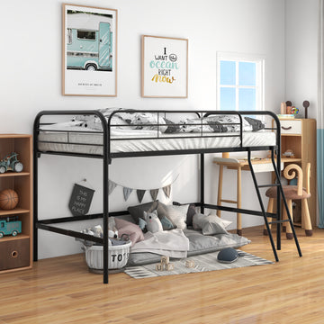 Twin Metal Loft Bed with Desk, Power Outlet and LED Lighted , Safety Guard & Ladder, No Box Spring Needed, Black