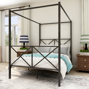 Metal Canopy Bed Frame, Platform Bed Frame with X Shaped Frame Full/Twin/Queen Black