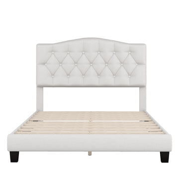 Upholstered Platform Bed with Saddle Curved Headboard and Diamond Tufted Details, Full, Beige