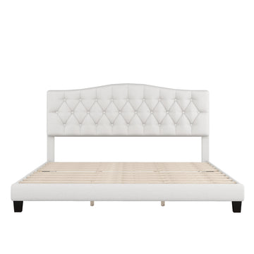 Upholstered Platform Bed with Saddle Curved Headboard and Diamond Tufted Details, King, Beige