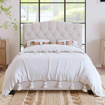 Upholstered Platform Bed with Saddle Curved Headboard and Diamond Tufted Details, Full, Beige