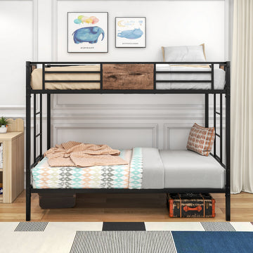 Twin Over Twin Size Metal Bunk Bed with Double Safety Guard Rails, Heavy Duty, Space-Saving Design, Steel Bed for School, Bedroom