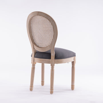 French Style Solid Wood Frame Linen Fabric Rattan Back Dining Chair,Set of 2,Gray/Beige