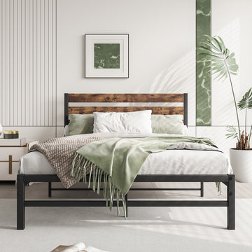 Full/Twin/Queen Size Platform Bed Frame with Rustic Vintage Wood Headboard, Strong Metal Slats Support Mattress Foundation, No Box Spring Needed Rustic Brown/Black