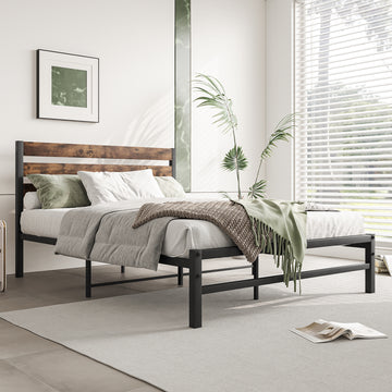 Full/Twin/Queen Size Platform Bed Frame with Rustic Vintage Wood Headboard, Strong Metal Slats Support Mattress Foundation, No Box Spring Needed Rustic Brown/Black