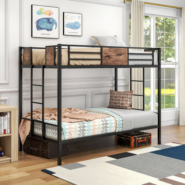 Twin Over Twin Size Metal Bunk Bed with Double Safety Guard Rails, Heavy Duty, Space-Saving Design, Steel Bed for School, Bedroom