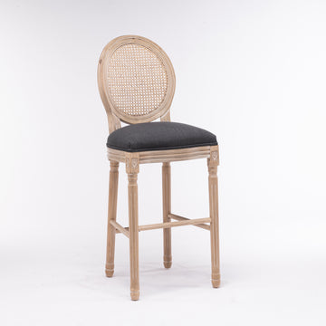 French Country Wooden Barstools Rattan Back With Upholstered Seating , Dark Grey/Beige and Natural，Set of 2