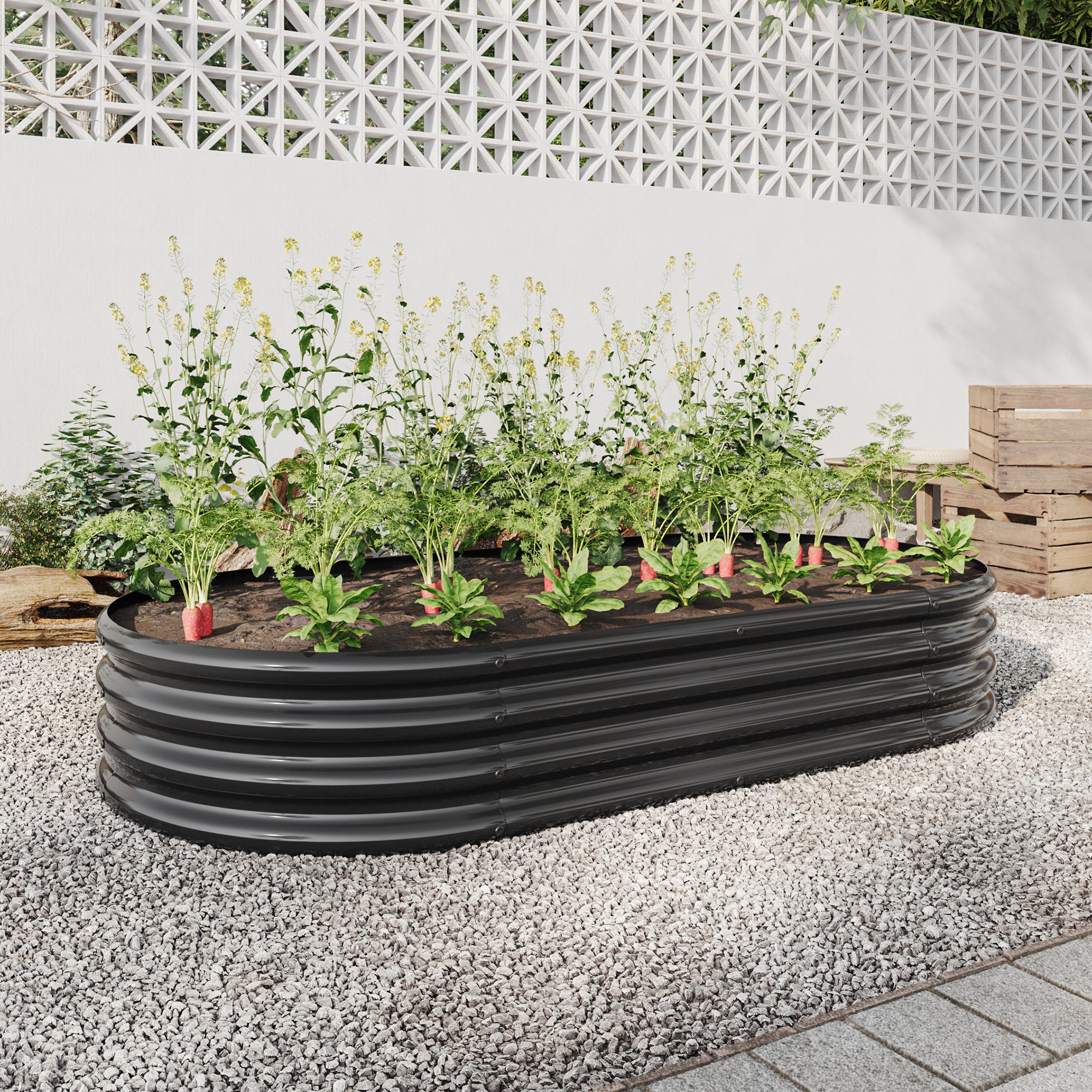 Raised Garden Bed Outdoor, Oval Large Metal Raised Planter Bed for for Plants, Vegetables, and Flowers - Black/Silver